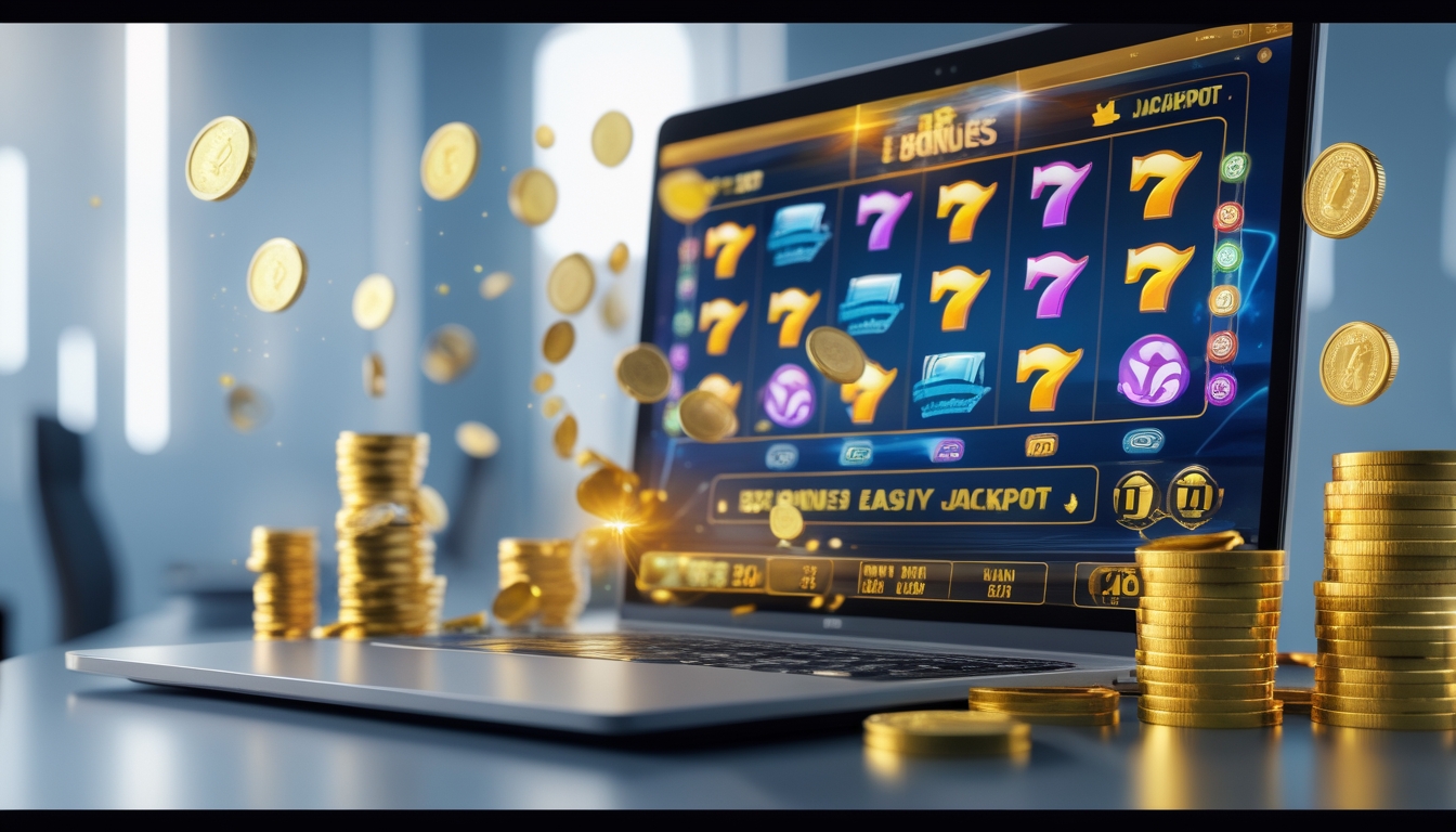 Seorang pengguna bermain mesin slot online di komputer dengan koin emas dan simbol jackpot di sekitarnya.