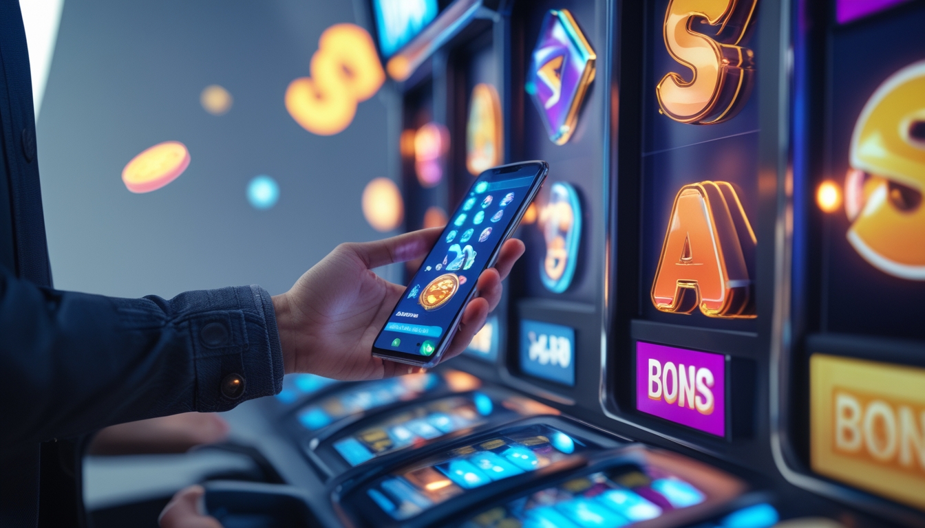 Suasana modern dengan layar digital menampilkan permainan slot berwarna-warni dan seseorang memegang ponsel dengan aplikasi pembayaran terbuka.