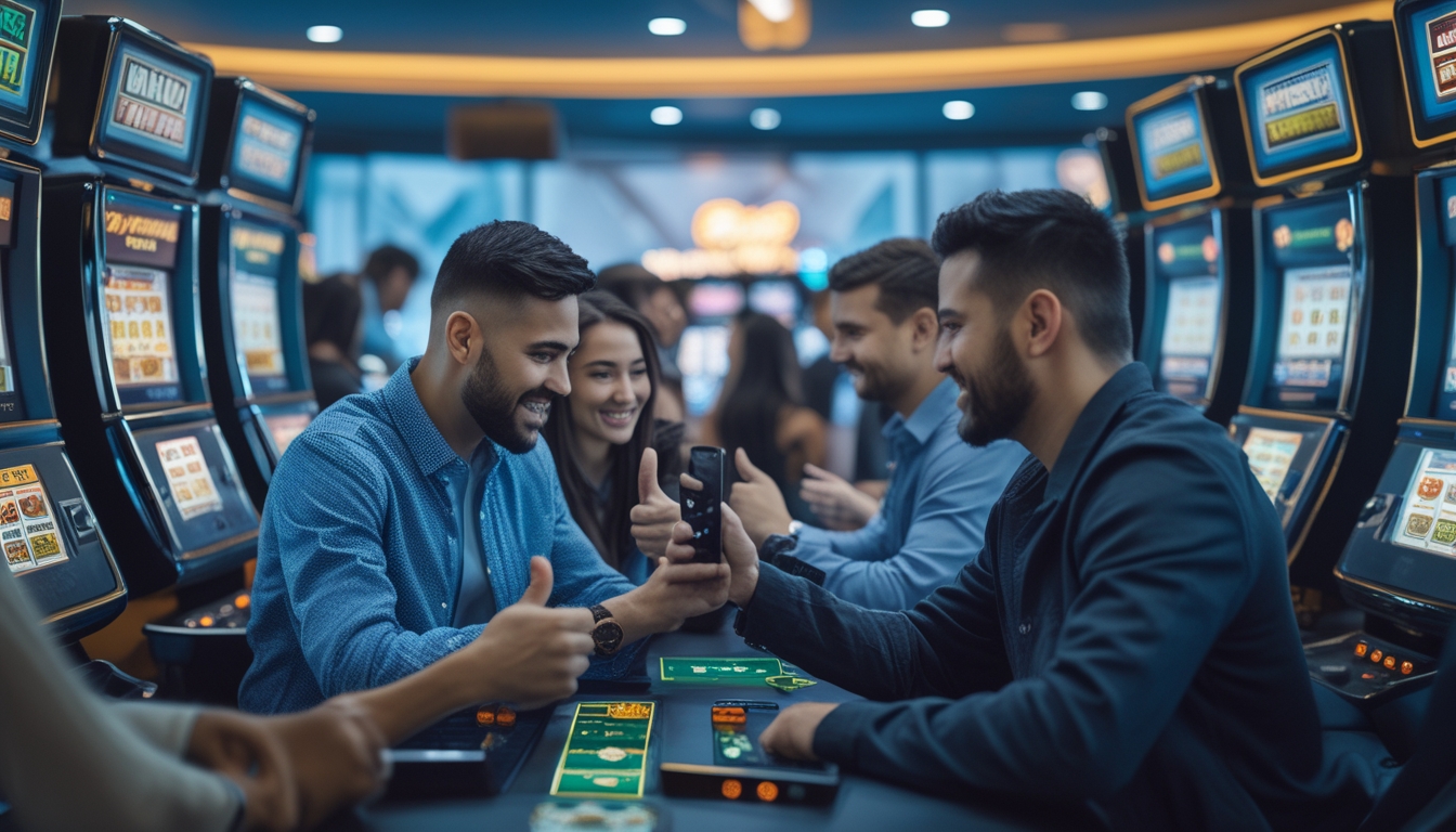 Orang-orang menggunakan mesin slot digital di ruang bermain modern dengan suasana ceria dan perangkat elektronik untuk transaksi cepat.