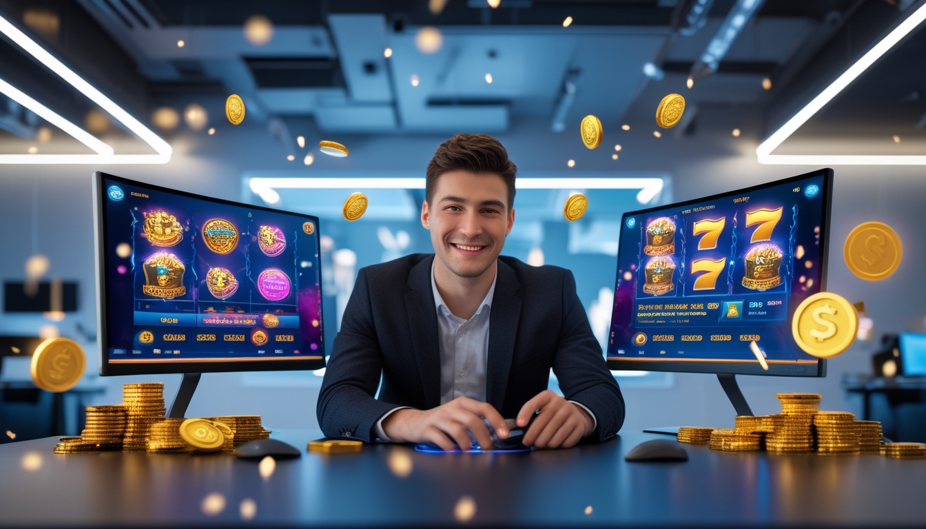 Seorang pria muda duduk di depan komputer dengan layar menampilkan permainan slot online, terlihat senang dan fokus.