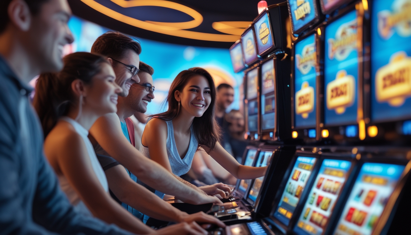 Beberapa pemain sedang bermain mesin slot digital di kasino online dengan suasana yang ceria dan penuh semangat.