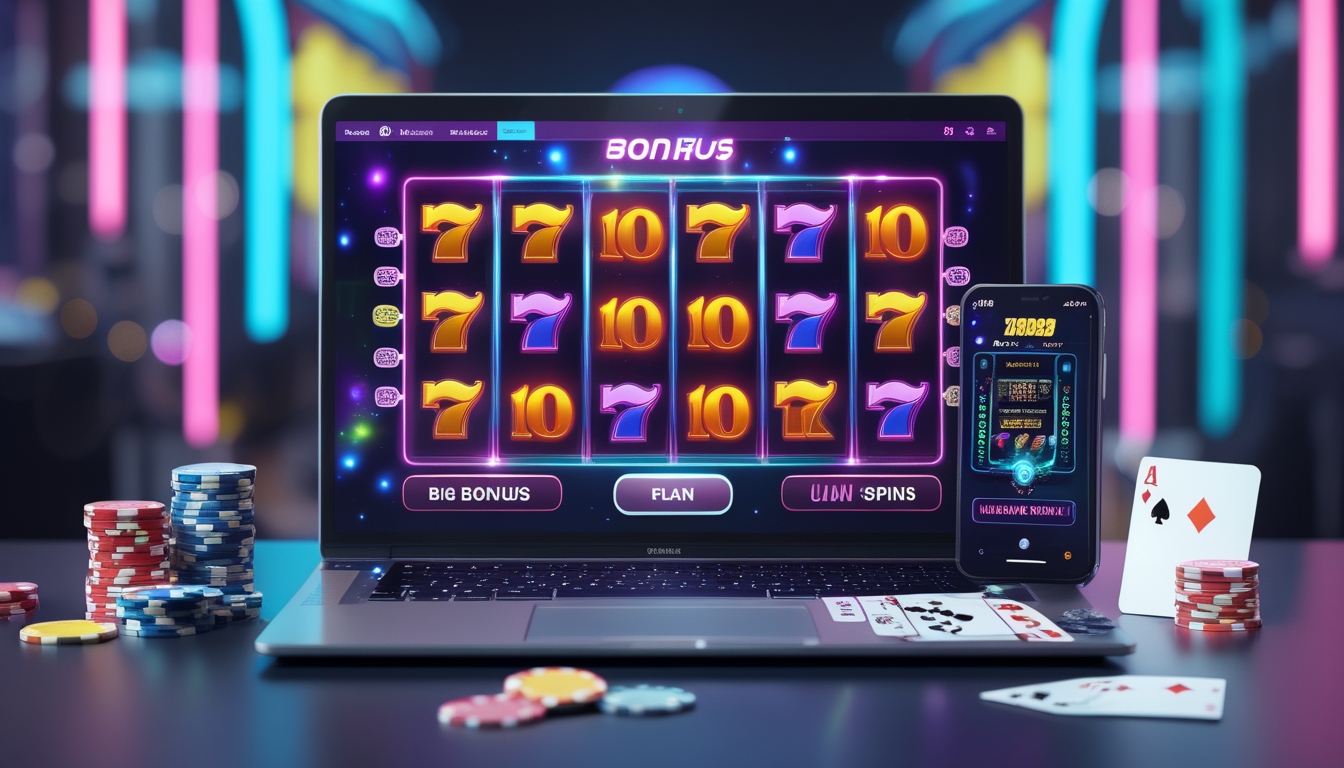 Sebuah meja kerja modern dengan laptop menampilkan permainan mesin slot yang berwarna cerah, tumpukan chip kasino, kartu remi, dan ponsel dengan notifikasi bonus, di lingkungan berteknologi tinggi.