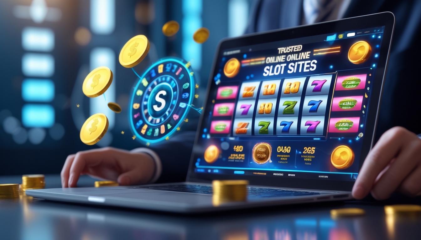 Seseorang menggunakan laptop dengan tampilan permainan slot online berwarna-warni dan elemen koin serta token di sekitarnya.