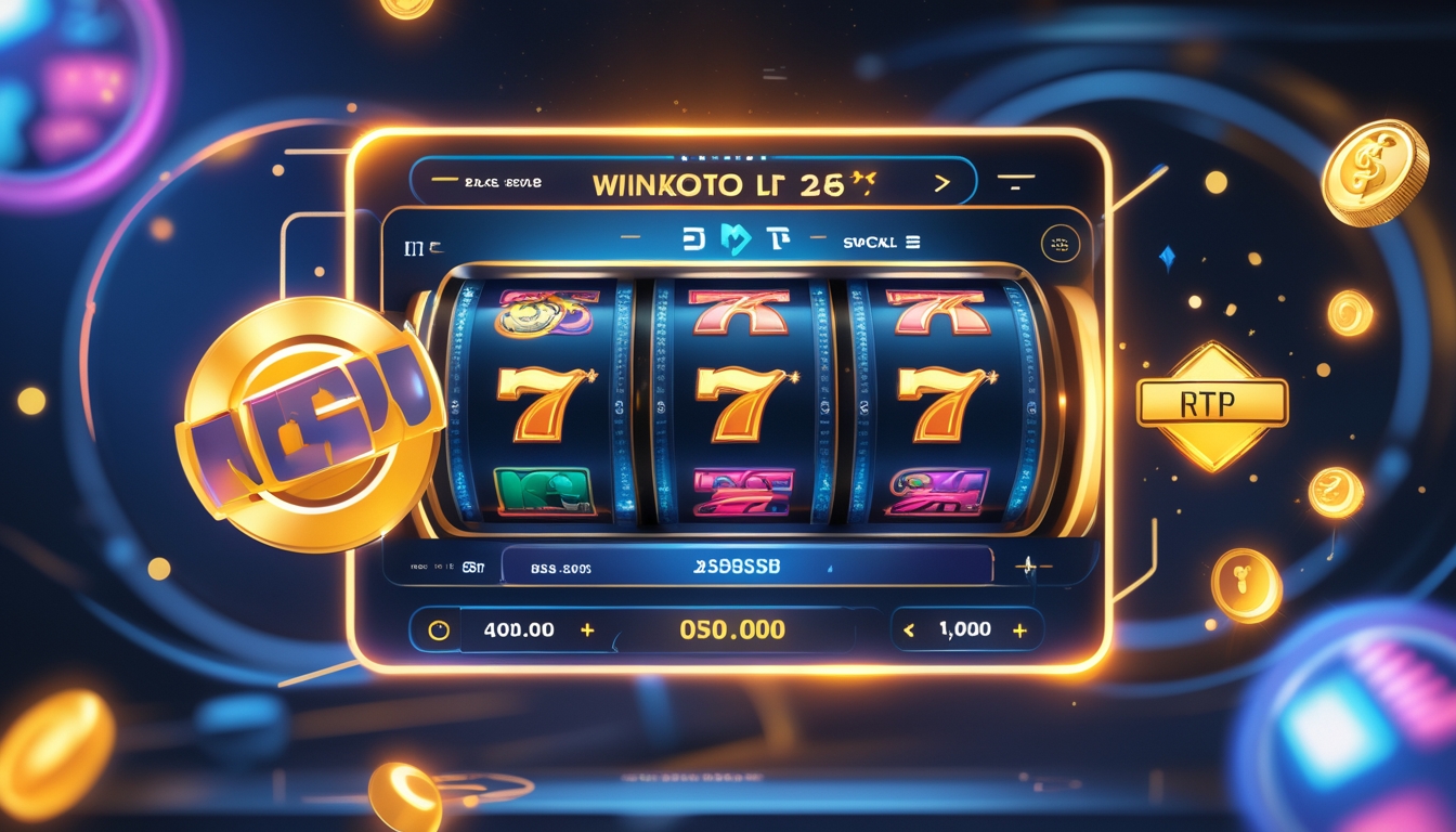 Antarmuka permainan slot digital modern dengan simbol kemenangan dan ikon bonus di latar belakang futuristik.