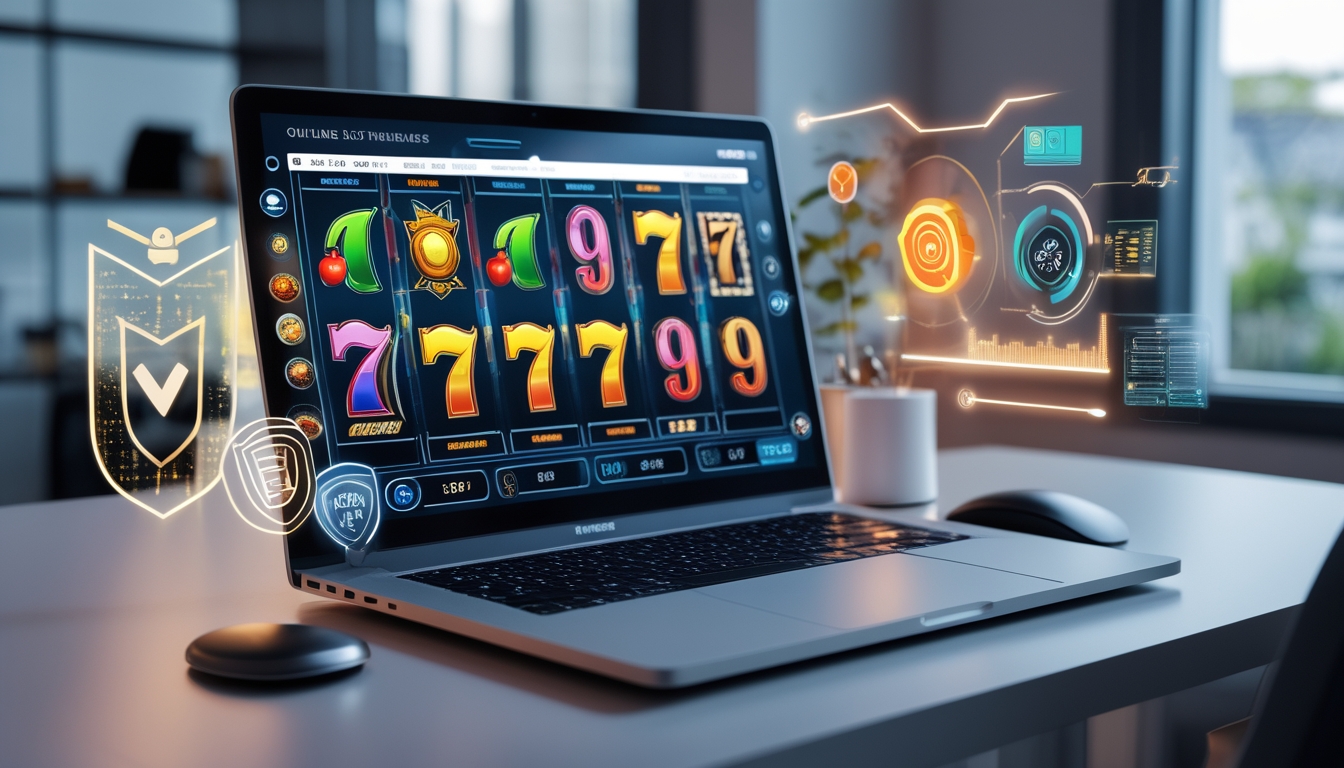 Seseorang menggunakan komputer dengan tampilan permainan slot online yang berwarna-warni dan simbol keamanan digital di latar belakang.