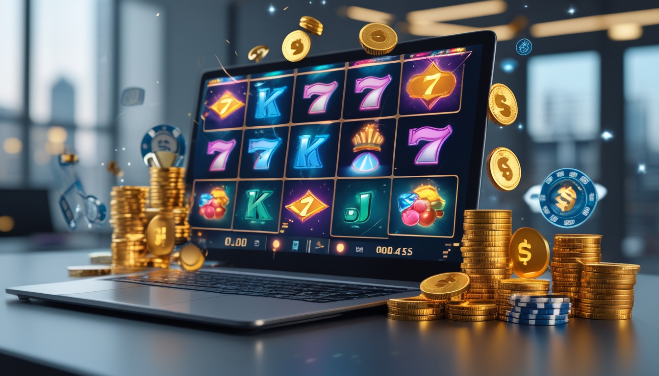Seseorang menggunakan laptop dengan layar menampilkan permainan slot online berwarna-warni dan tumpukan koin emas di meja kerja yang rapi.