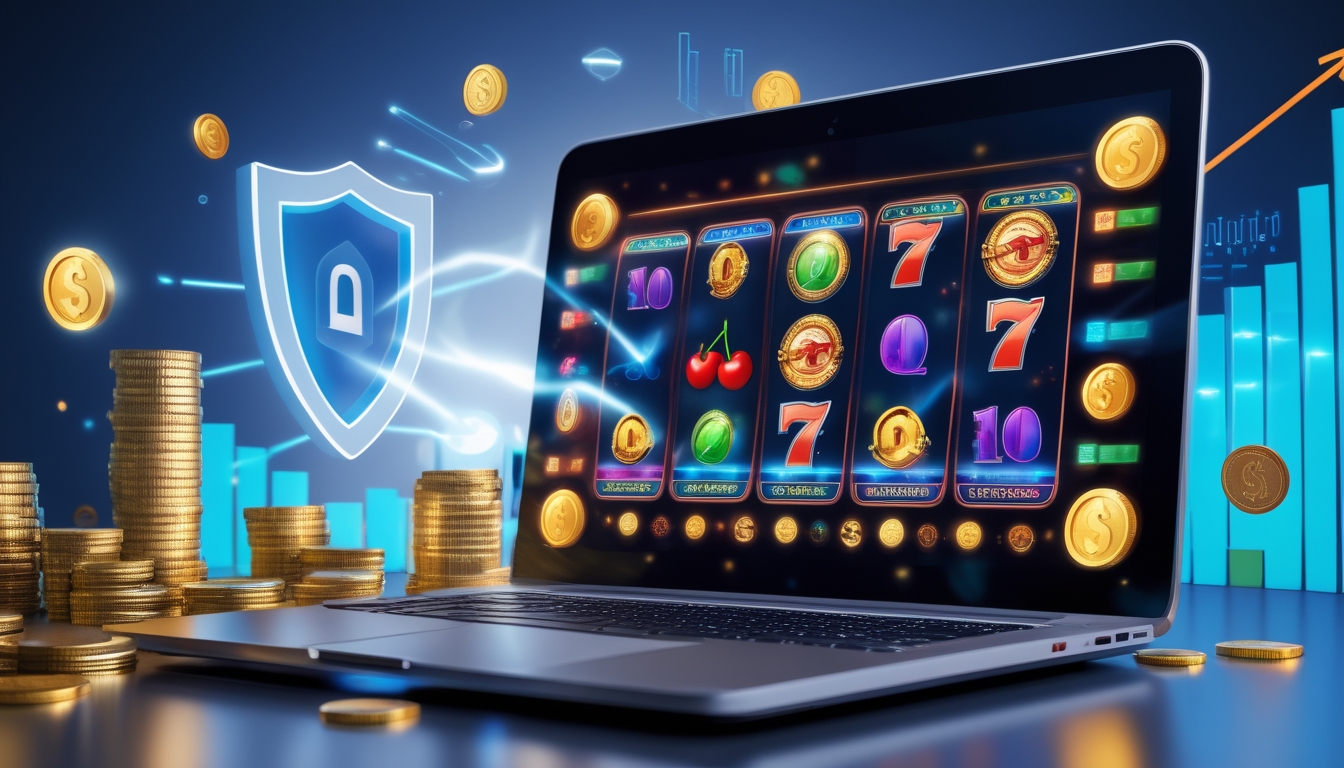 Seorang pengguna sedang bermain mesin slot online di komputer dengan simbol slot berwarna-warni dan ikon keamanan di sekitar layar.