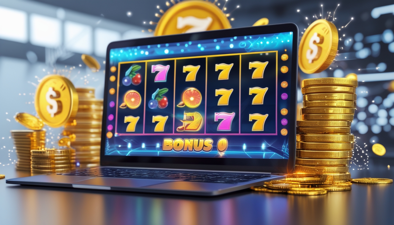 Layar komputer menampilkan permainan slot online dengan simbol warna-warni dan tumpukan koin emas di sekitarnya.