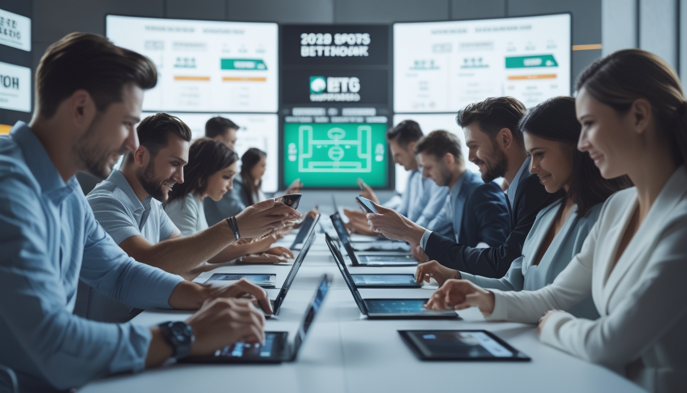 Orang-orang menggunakan perangkat digital untuk memasang taruhan sepak bola di lingkungan modern dengan layar besar yang menampilkan statistik dan peluang pertandingan.