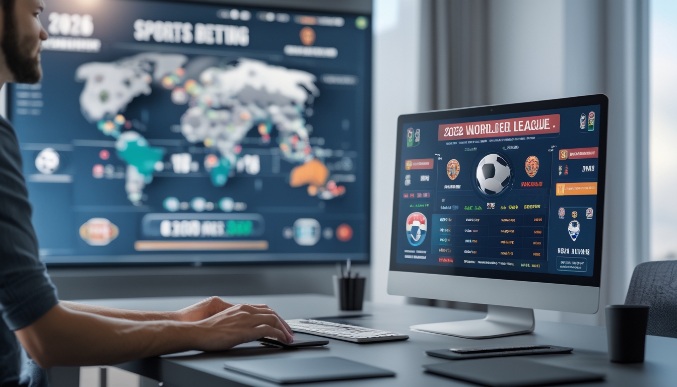 Meja kerja modern dengan komputer dan laptop yang menampilkan antarmuka taruhan sepak bola online untuk liga dunia 2026, dengan tangan seseorang yang sedang menggunakan perangkat tersebut.