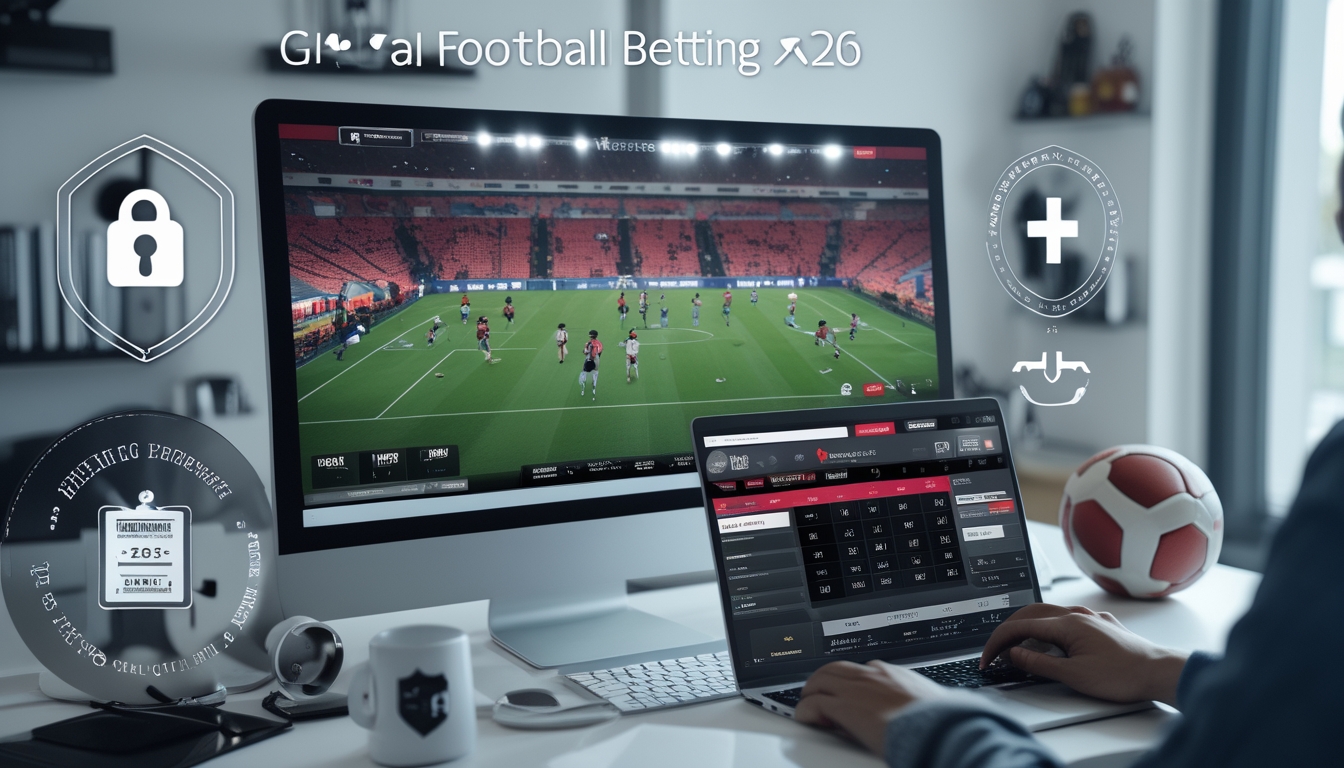 Seseorang menggunakan laptop di meja kerja dengan layar menampilkan pertandingan sepak bola dan simbol keamanan di sekitar, menunjukkan situs taruhan bola online terpercaya.