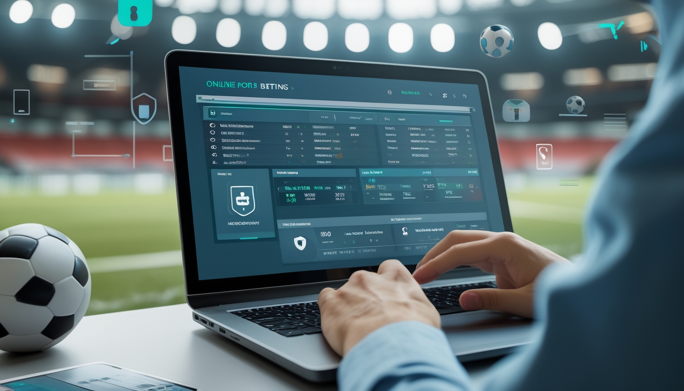 Seseorang menggunakan perangkat digital dengan tampilan taruhan sepak bola yang aman dan terpercaya di latar belakang lapangan sepak bola.