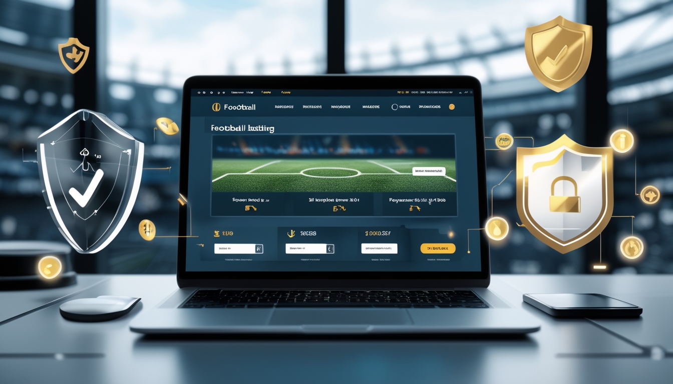Meja kerja modern dengan laptop yang menampilkan situs taruhan sepak bola, dilengkapi ikon keamanan seperti gembok dan perisai, dengan latar belakang stadion sepak bola.