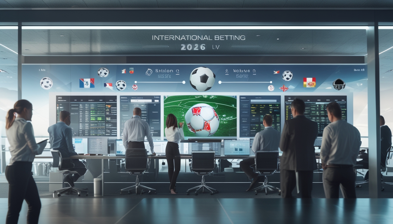 Orang-orang sedang melihat layar komputer dengan data pertandingan sepak bola internasional di kantor modern.