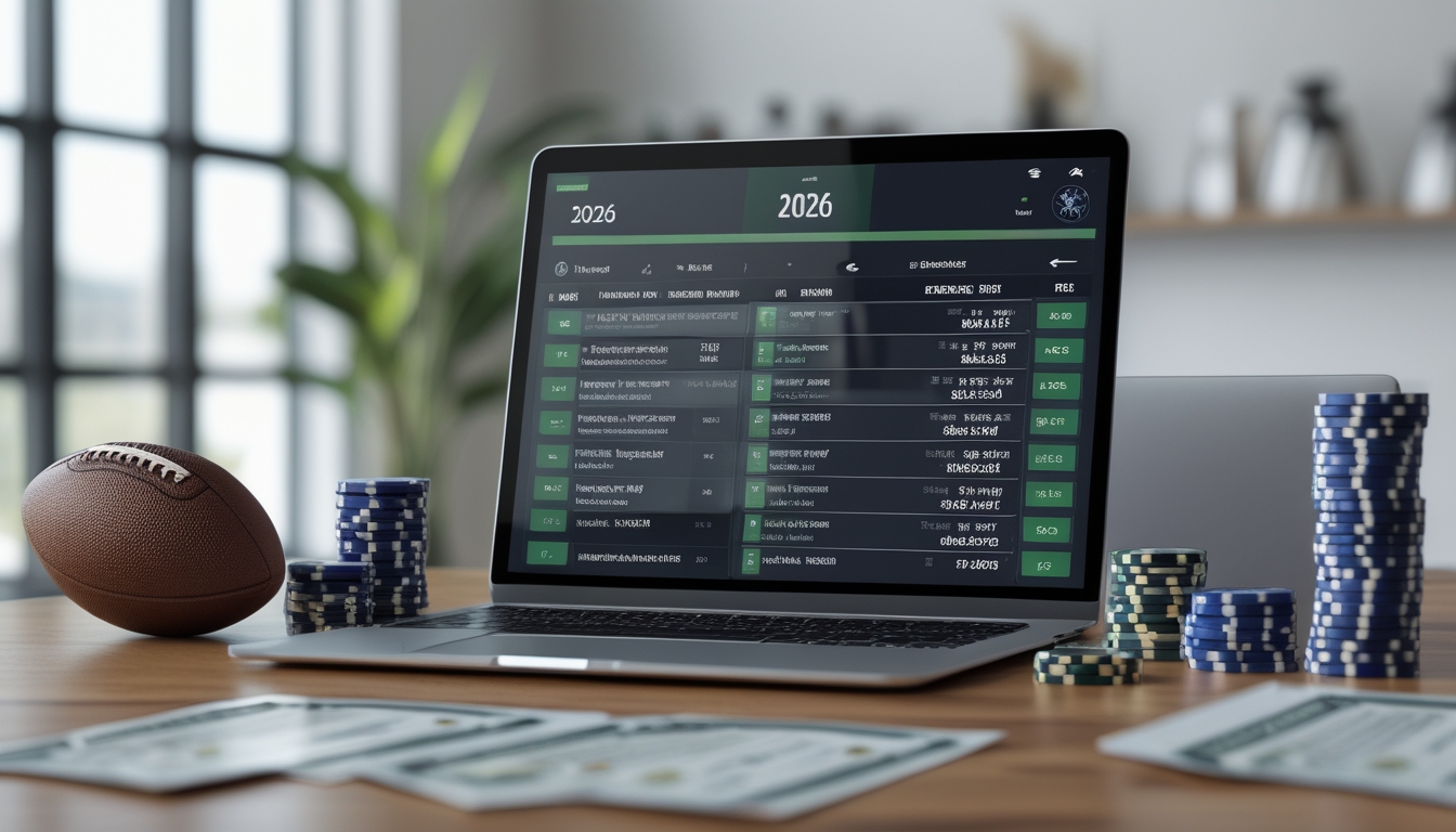 Seorang pria sedang menggunakan laptop dengan tampilan statistik pertandingan sepak bola internasional dan taruhan di layar, di meja terdapat bola sepak dan tumpukan chip taruhan.