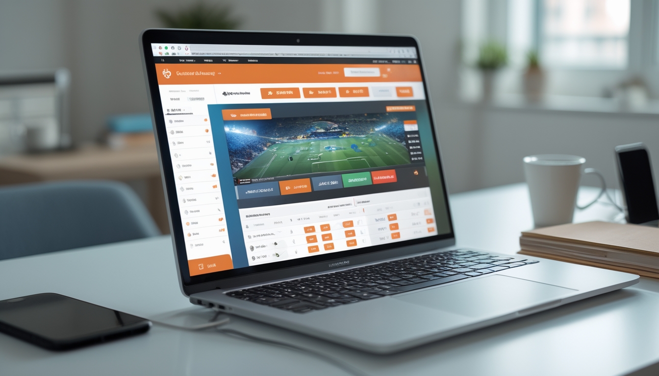 Seorang pengguna sedang melihat layar laptop yang menampilkan antarmuka taruhan sepak bola online dengan latar belakang ruangan yang terang.