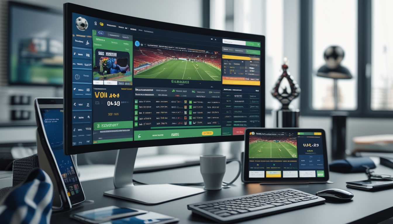 Sebuah ruang kerja modern dengan komputer dan perangkat lain yang menampilkan situs taruhan sepak bola online dengan statistik dan pembaruan pertandingan secara langsung.