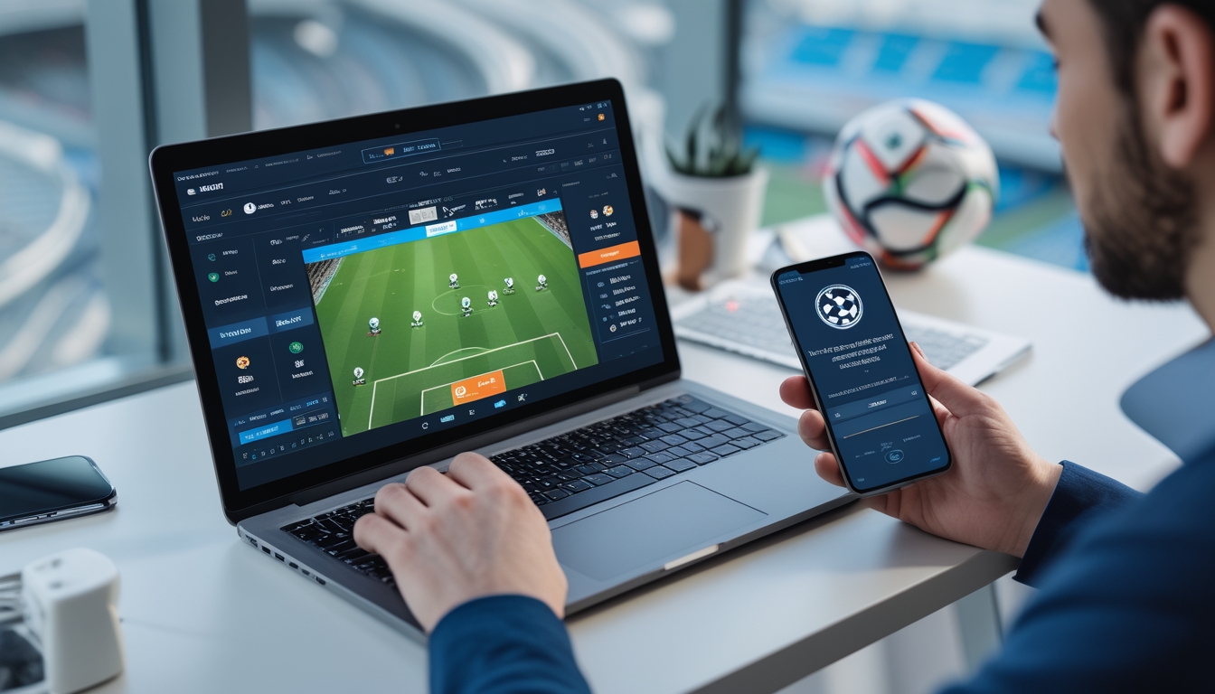 Seseorang menggunakan laptop dan ponsel untuk taruhan sepak bola dengan latar belakang bola dan stadion.
