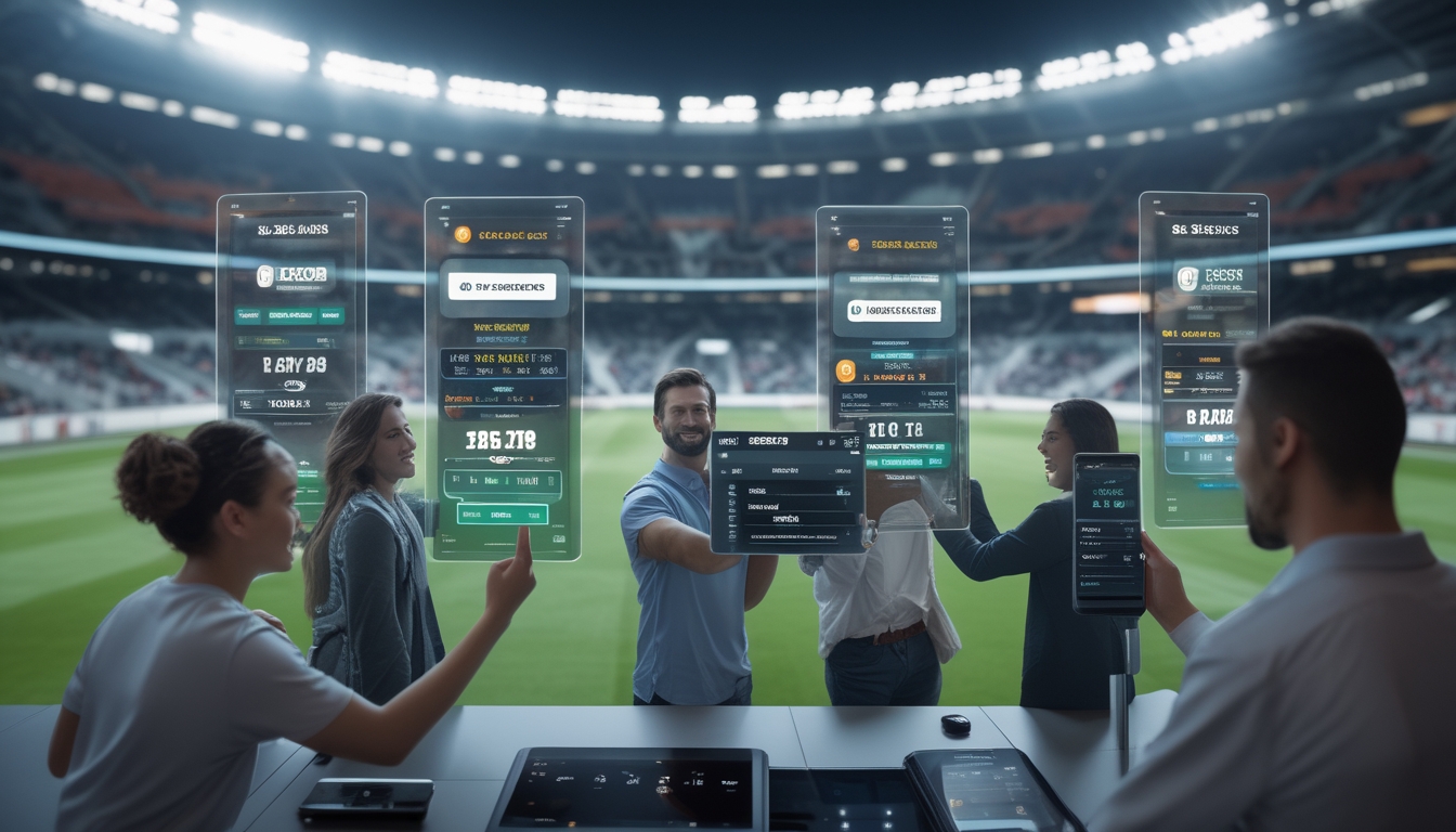 Beberapa orang menggunakan layar digital untuk memasang taruhan sepak bola dengan latar stadion dan kerumunan penonton.