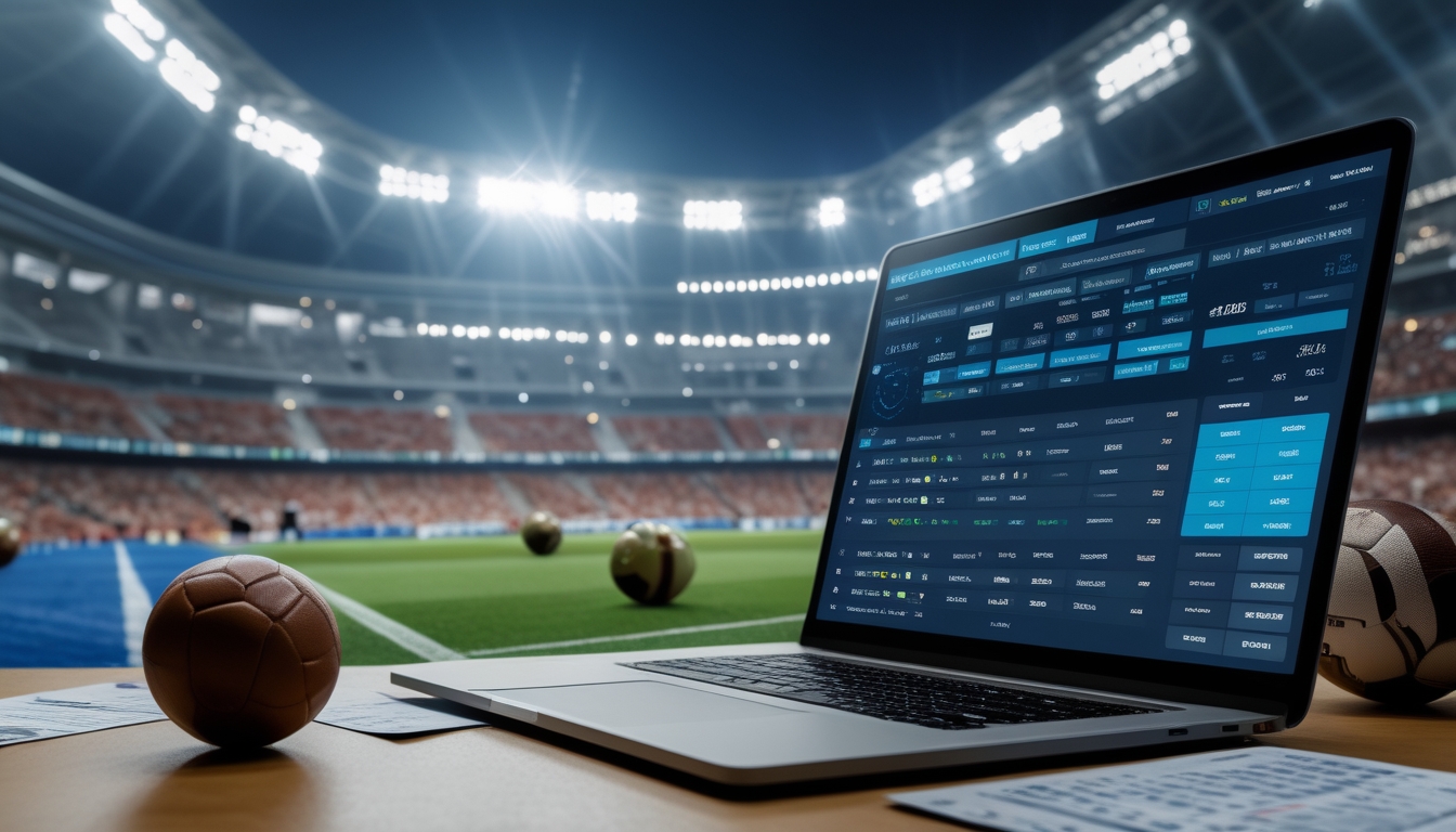 Seorang pria menggunakan laptop dan ponsel pintar dengan layar menampilkan statistik dan opsi taruhan sepak bola, di latar belakang stadion penuh penonton yang sedang menyaksikan pertandingan sepak bola.