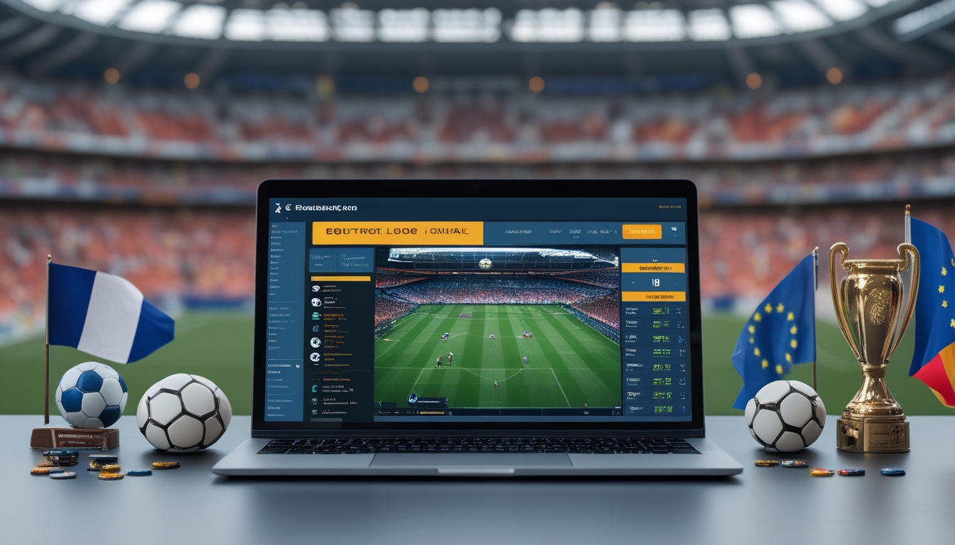 Seorang pria menggunakan laptop dengan tampilan pertandingan sepak bola dan taruhan di layar, dikelilingi oleh bola sepak mini dan bendera negara, dengan latar stadion sepak bola yang ramai.