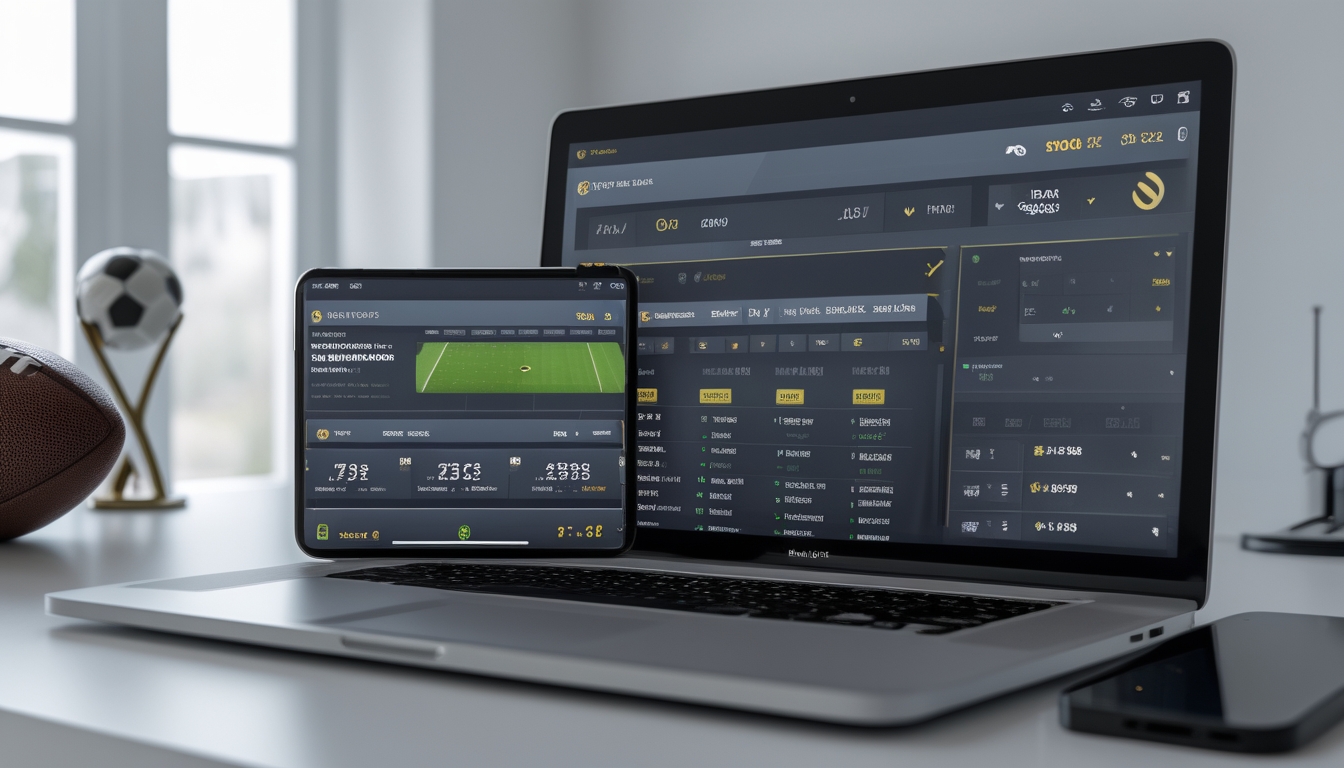 Seseorang menggunakan laptop dan ponsel untuk memasang taruhan sepak bola secara langsung dengan tampilan fitur taruhan langsung dan statistik pertandingan.