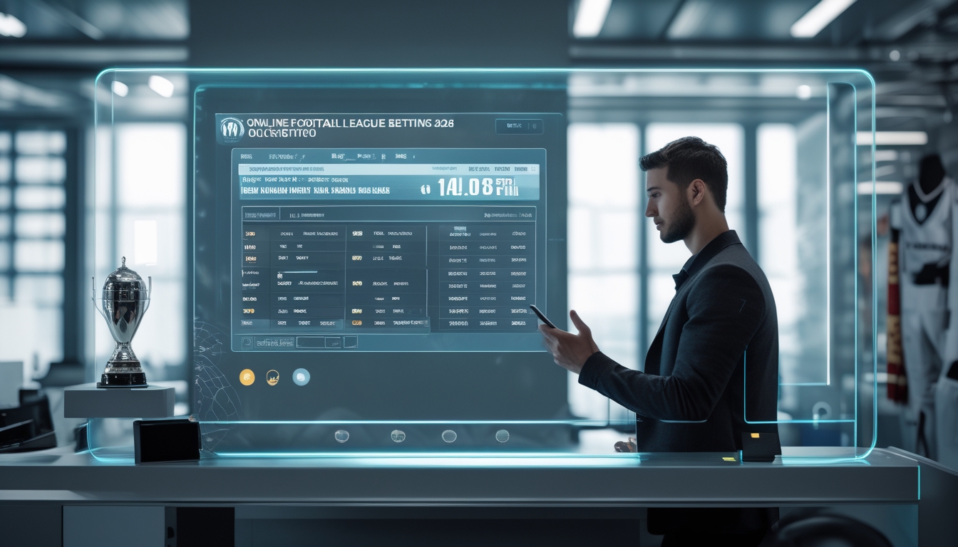 Seorang pria muda menggunakan layar sentuh digital dengan statistik sepak bola dan ponsel di tangan di dalam kantor modern.