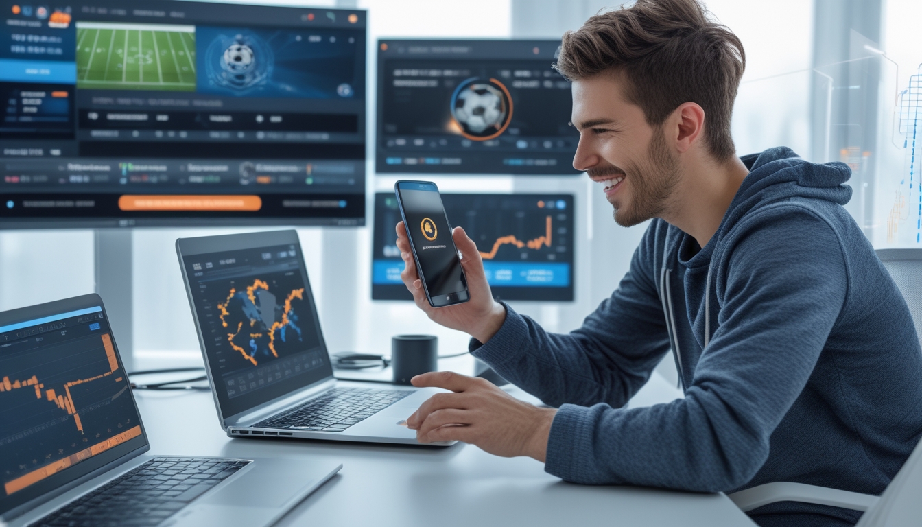 Seseorang menggunakan ponsel dan laptop di ruang kerja modern dengan layar menampilkan pertandingan sepak bola dan data taruhan online.