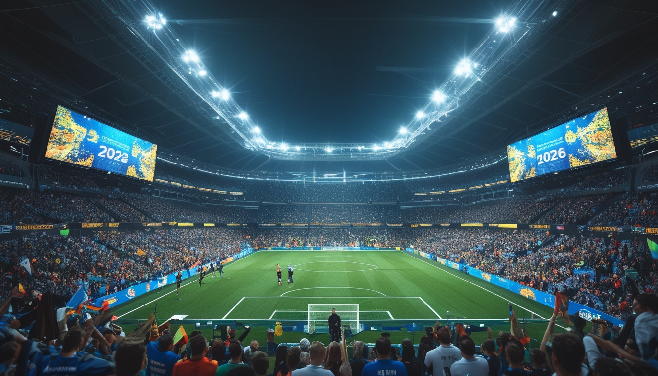 Stadion sepak bola yang ramai dengan pemain sedang bertanding dan penonton yang antusias mengibarkan bendera.
