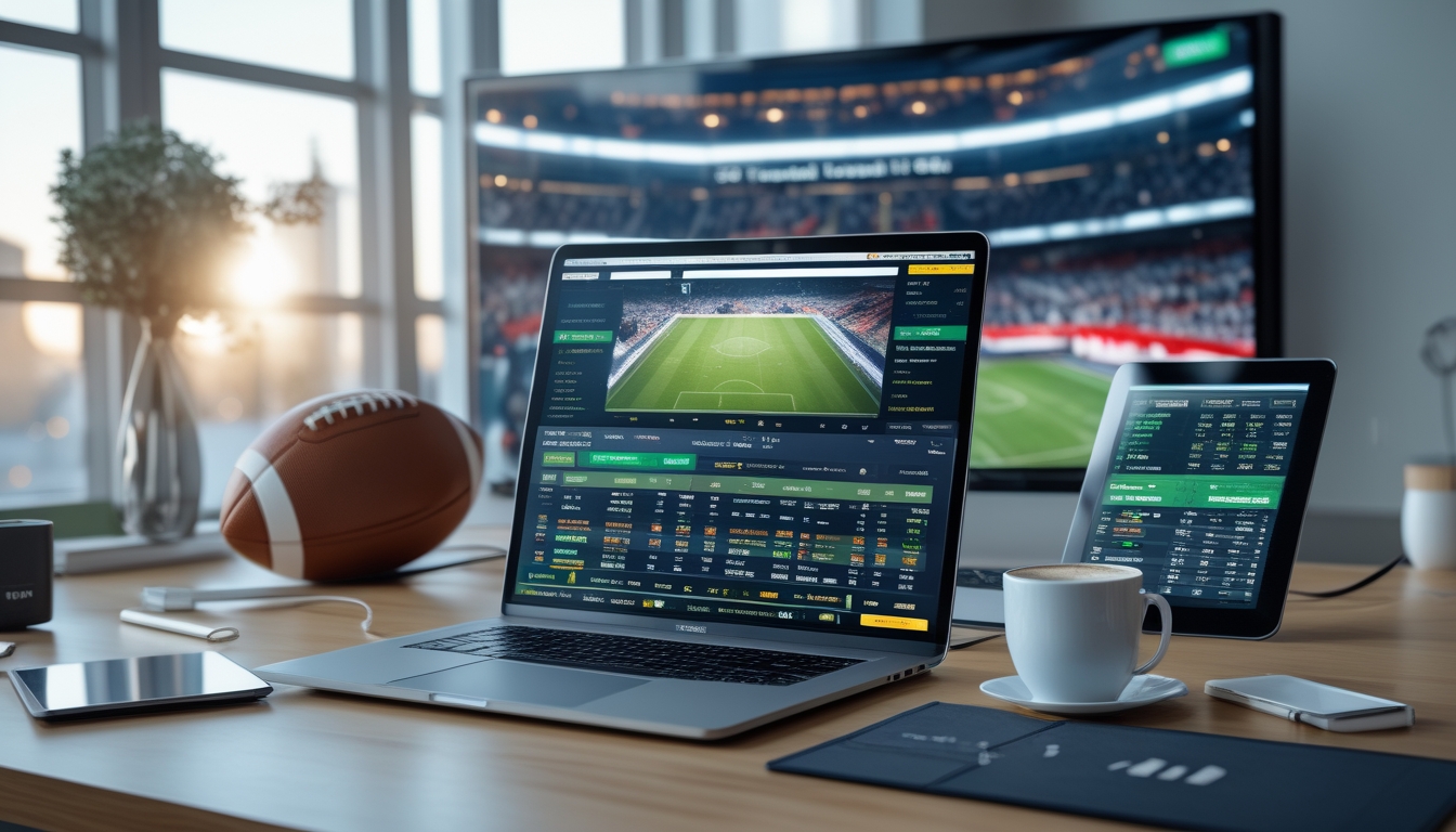 Meja kerja dengan laptop yang menampilkan antarmuka taruhan sepak bola, bola sepak, tablet dengan jadwal liga, dan layar besar yang menayangkan pertandingan sepak bola langsung di stadion.