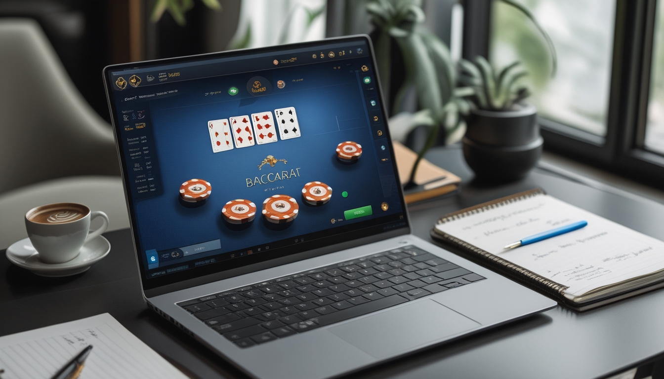 Seorang pemula sedang belajar strategi permainan baccarat online di depan laptop dengan catatan dan alat tulis di meja kerja yang rapi.