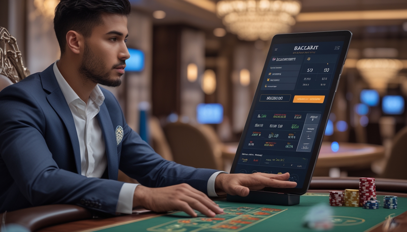 Seorang pria muda duduk di meja kasino dengan tablet, terlihat fokus dan tenang sambil menganalisis permainan baccarat.