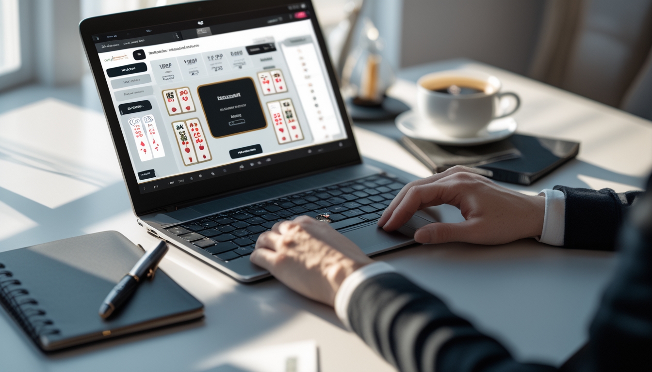 Seorang pemain sedang menggunakan komputer untuk bermain permainan baccarat online dengan meja kerja yang rapi dan suasana fokus.