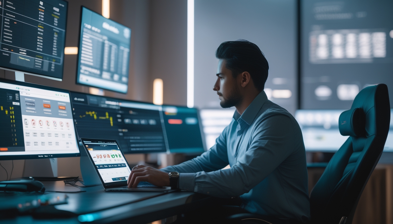 Seorang pemain fokus menggunakan laptop dengan beberapa layar menampilkan permainan baccarat dan grafik di meja kerja modern.