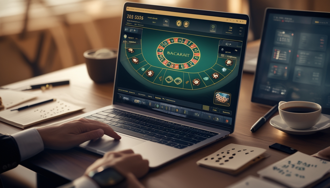 Seorang pemain sedang menggunakan laptop dengan permainan baccarat online di layar, dikelilingi oleh catatan dan alat tulis di atas meja.