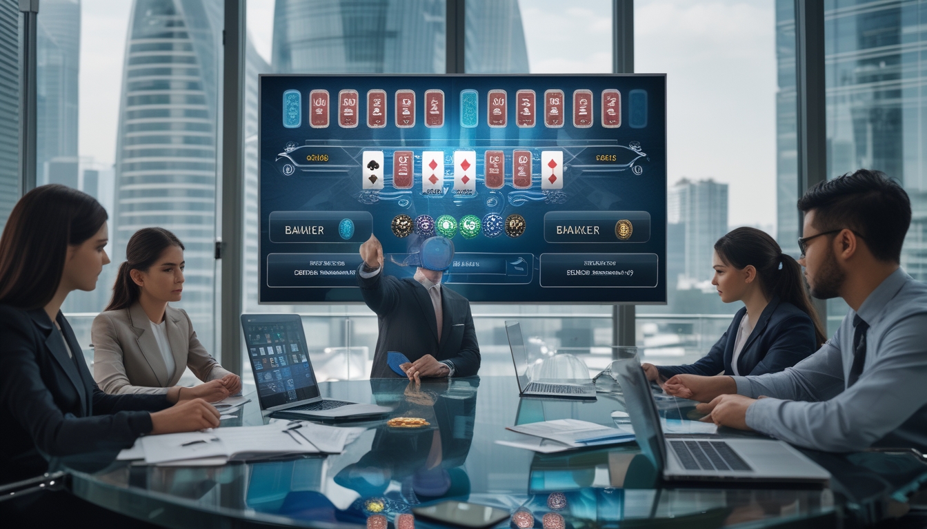 Sekelompok orang sedang berdiskusi di sekitar meja kaca dengan layar digital menampilkan elemen permainan baccarat, dalam ruangan kantor modern dengan pemandangan kota di latar belakang.