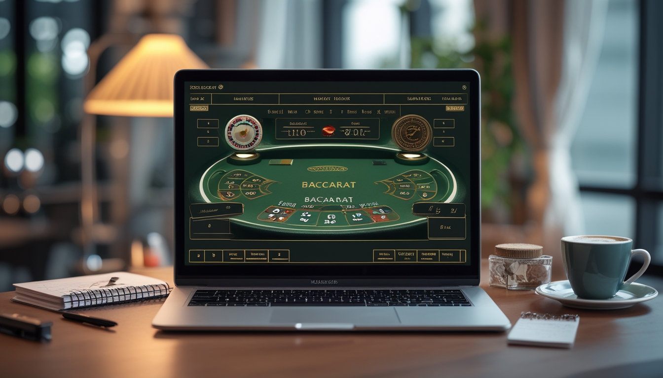 Seorang pemain sedang fokus bermain baccarat online di depan komputer dengan catatan strategi dan secangkir kopi di sampingnya.