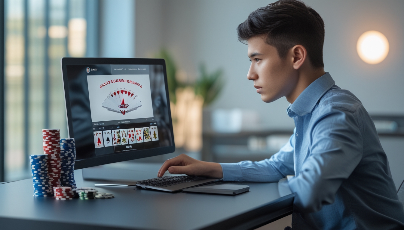 Seorang dewasa muda duduk di meja dengan laptop dan kartu remi, fokus bermain baccarat online dengan suasana tenang dan teratur.