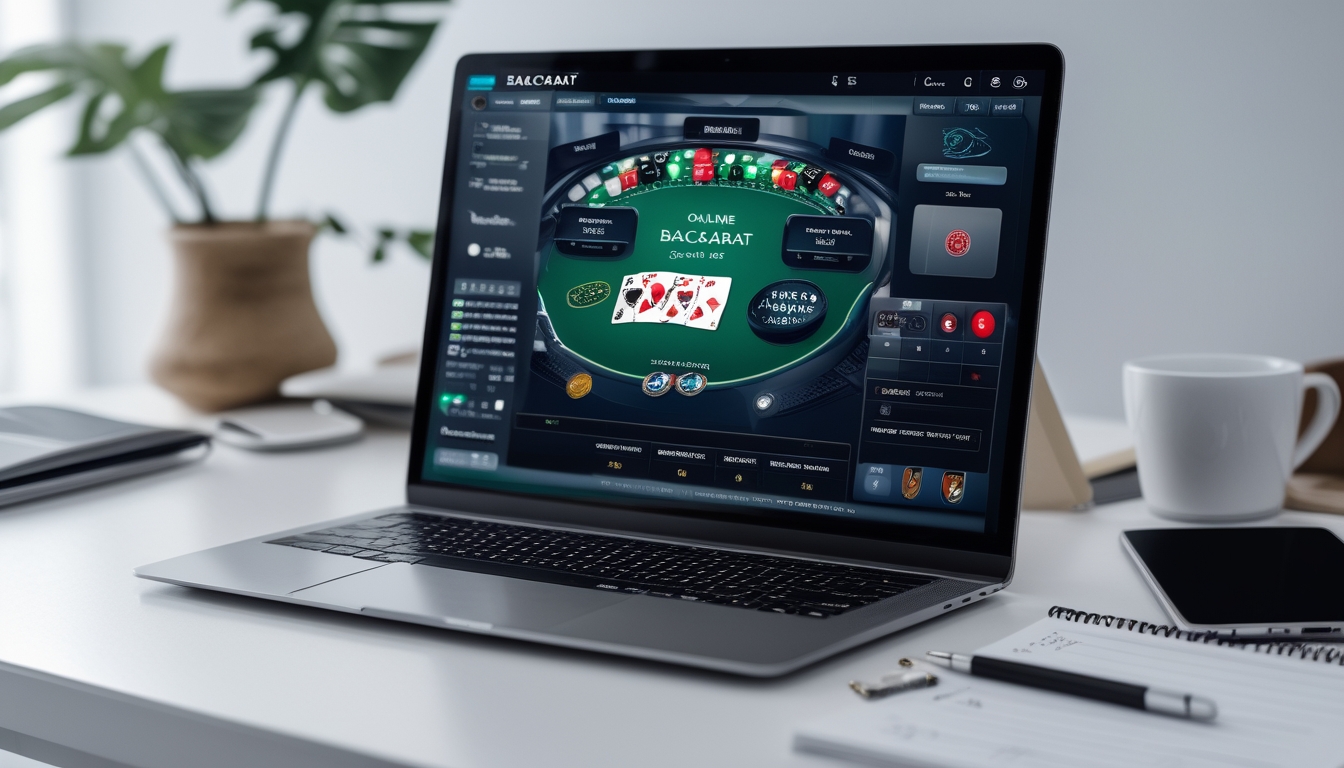 Seorang pria duduk di meja kerja dengan laptop yang menampilkan permainan baccarat online, di sampingnya terdapat buku catatan dan pena, menunjukkan suasana fokus dan perencanaan.