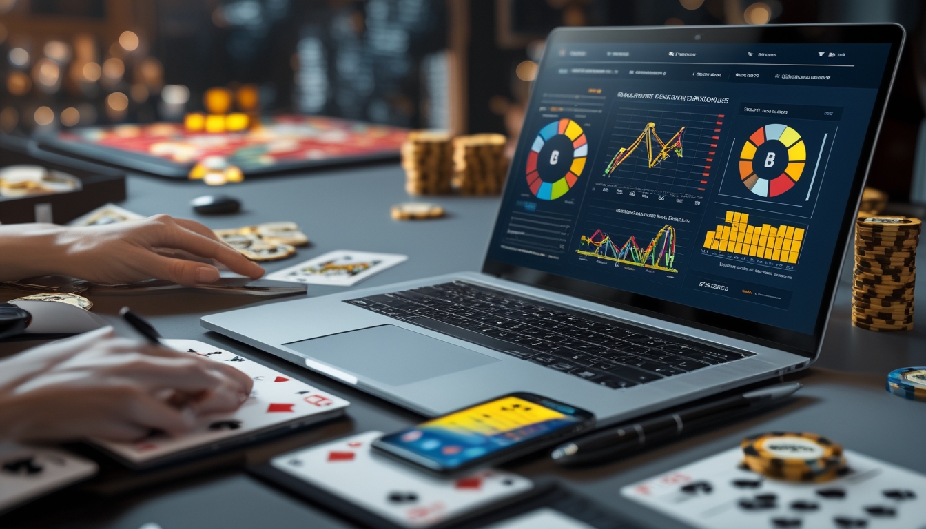 Seorang profesional sedang menganalisis pola permainan baccarat online dengan laptop yang menampilkan grafik tren dan catatan di meja kerja.
