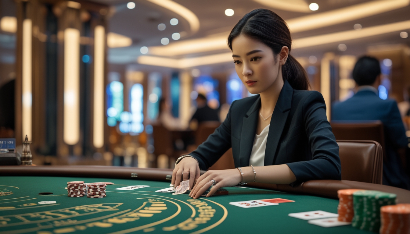 Seorang wanita muda fokus bermain baccarat di meja kasino dengan kartu dan chip di depannya.