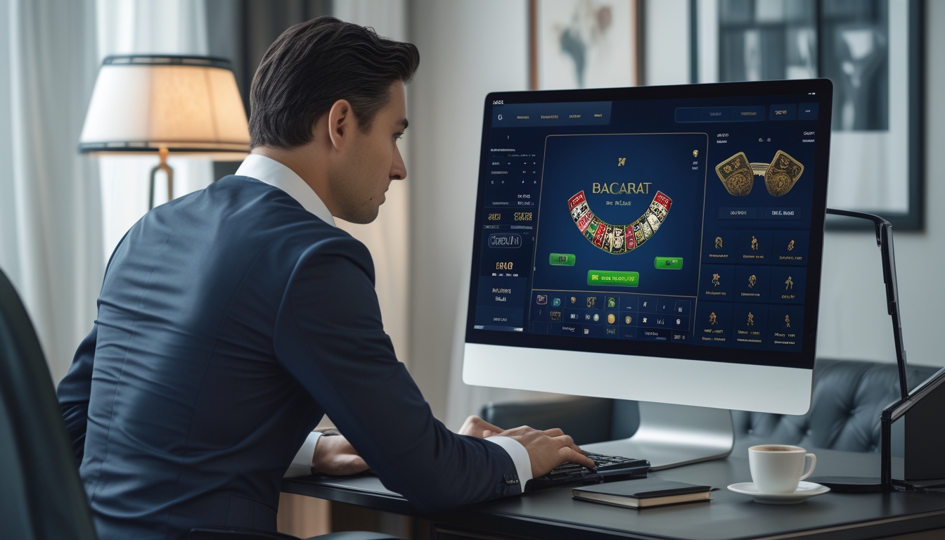 Seorang pemain dewasa fokus bermain permainan baccarat online di depan komputer di ruangan yang rapi dan terang.