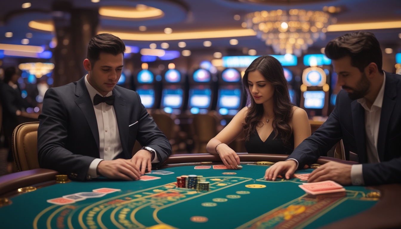 Dua pemain berpakaian rapi duduk di meja baccarat mewah dengan kartu dan chip, fokus bermain di kasino.