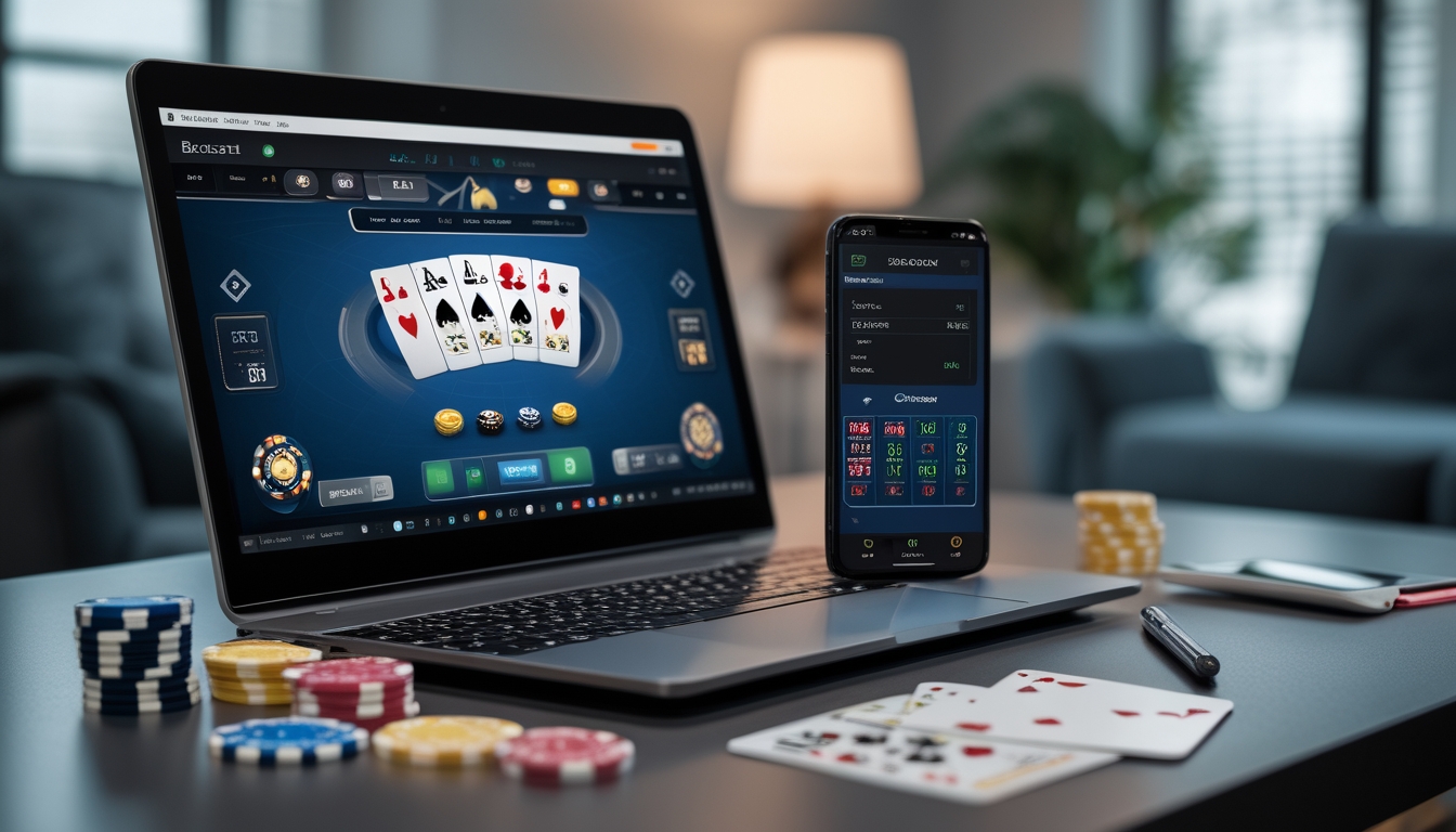 Sebuah meja dengan komputer menampilkan permainan baccarat online, dikelilingi chip poker dan kartu remi, di ruang kerja modern.