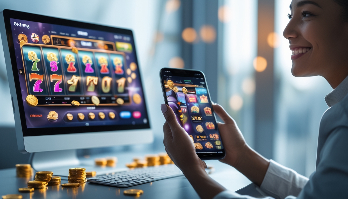 Seorang pria tersenyum menggunakan smartphone di depan laptop yang menampilkan permainan judi online dengan koin dan chip yang melimpah.