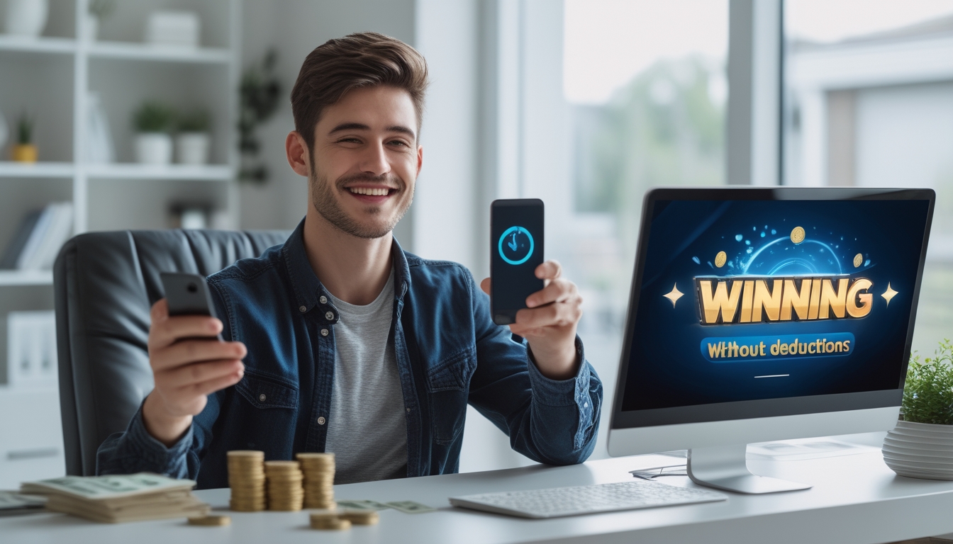 Seorang pria muda tersenyum duduk di depan laptop dengan ponsel di tangan, di meja terdapat koin dan uang, menunjukkan kemenangan judi online tanpa potongan.