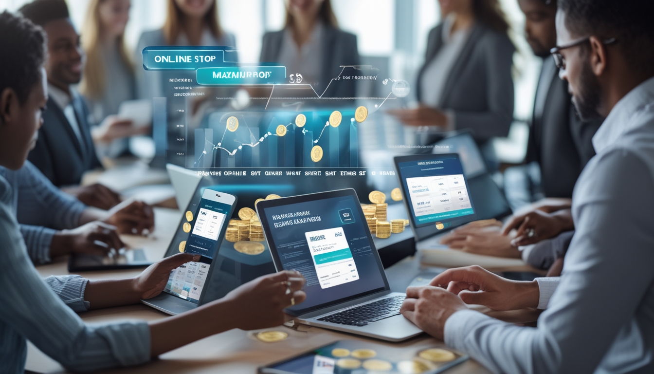 Sekelompok orang menggunakan perangkat digital dalam ruangan modern, menunjukkan aktivitas judi online dengan grafik keuntungan yang meningkat.