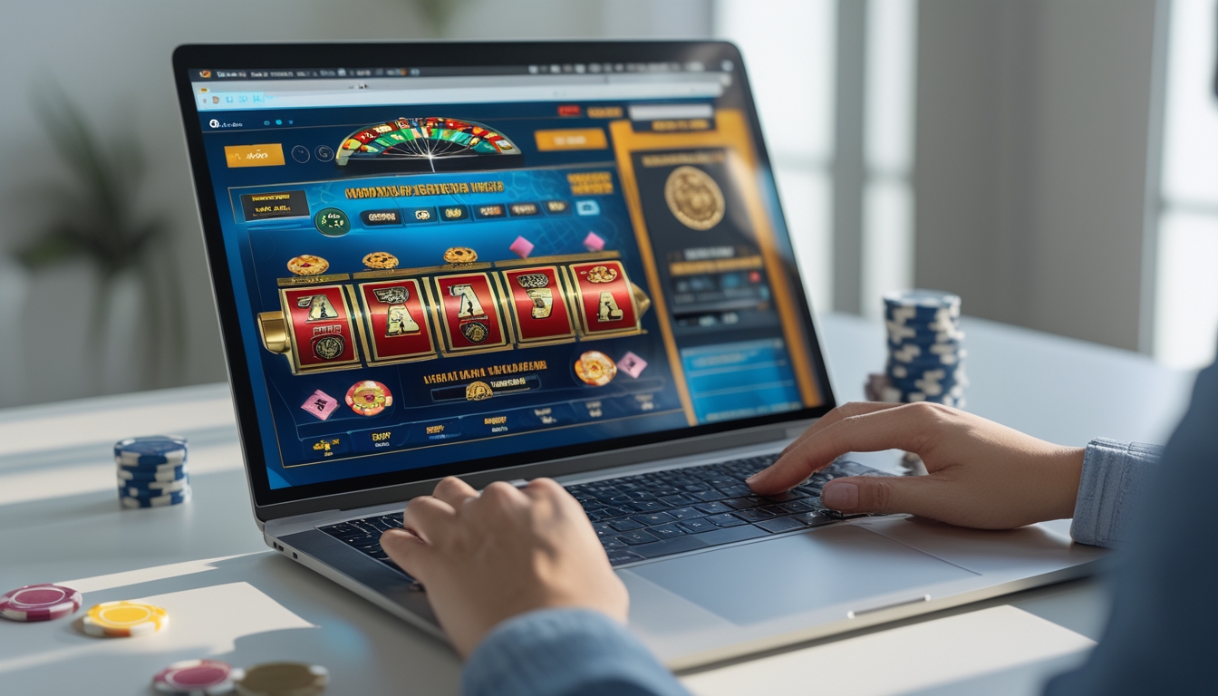 Seseorang menggunakan komputer dengan tampilan permainan judi online di layar.