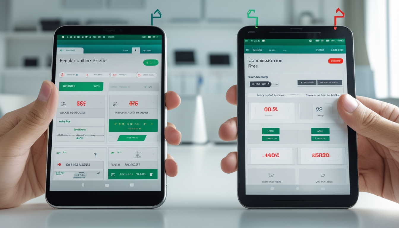 Dua perangkat digital berdampingan menampilkan perbandingan antara judi online biasa dengan potongan dan judi online tanpa potongan.
