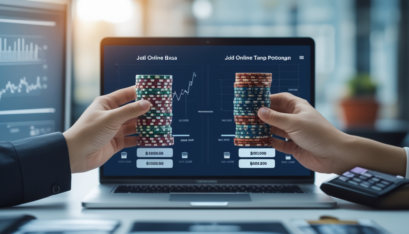 Dua tangan memegang tumpukan chip judi online di depan laptop dengan tampilan perbandingan konsep judi online biasa dan tanpa potongan.